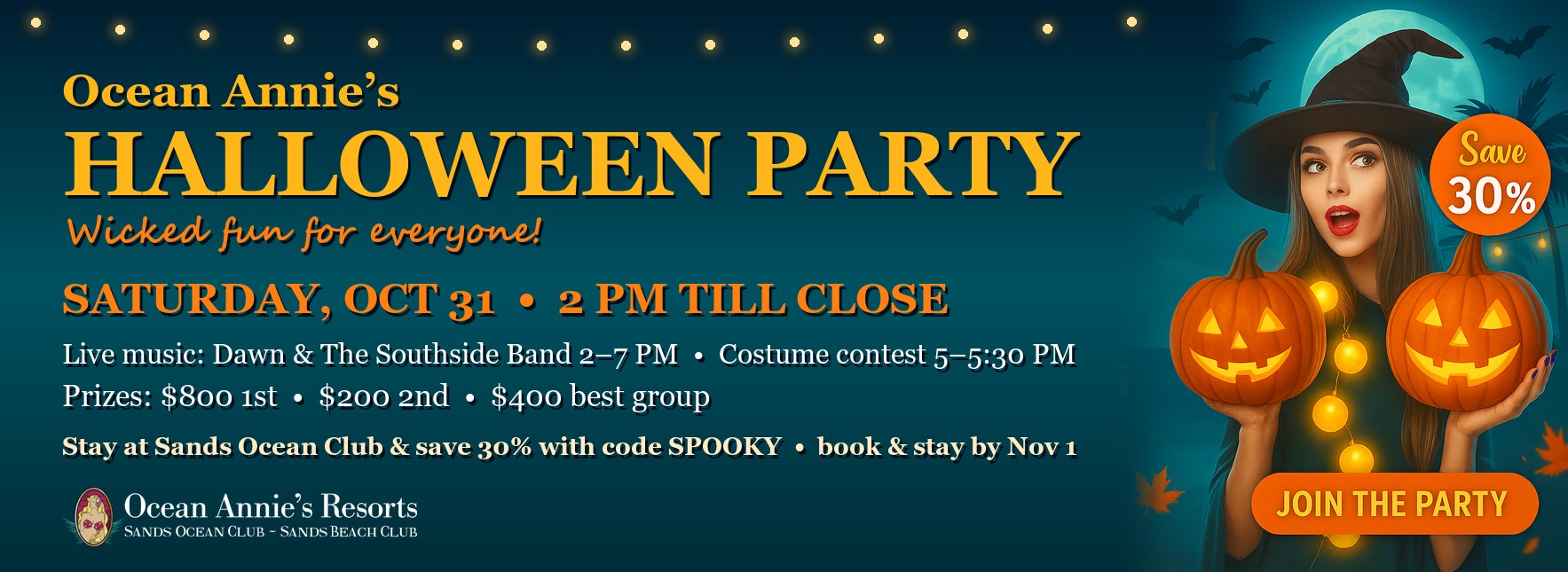 Halloween at Ocean Annie's Resorts: save 30% at Sands Ocean Club with rate code SPOOKY, book and stay by November 1, 2026. Costume party Saturday, October 31.